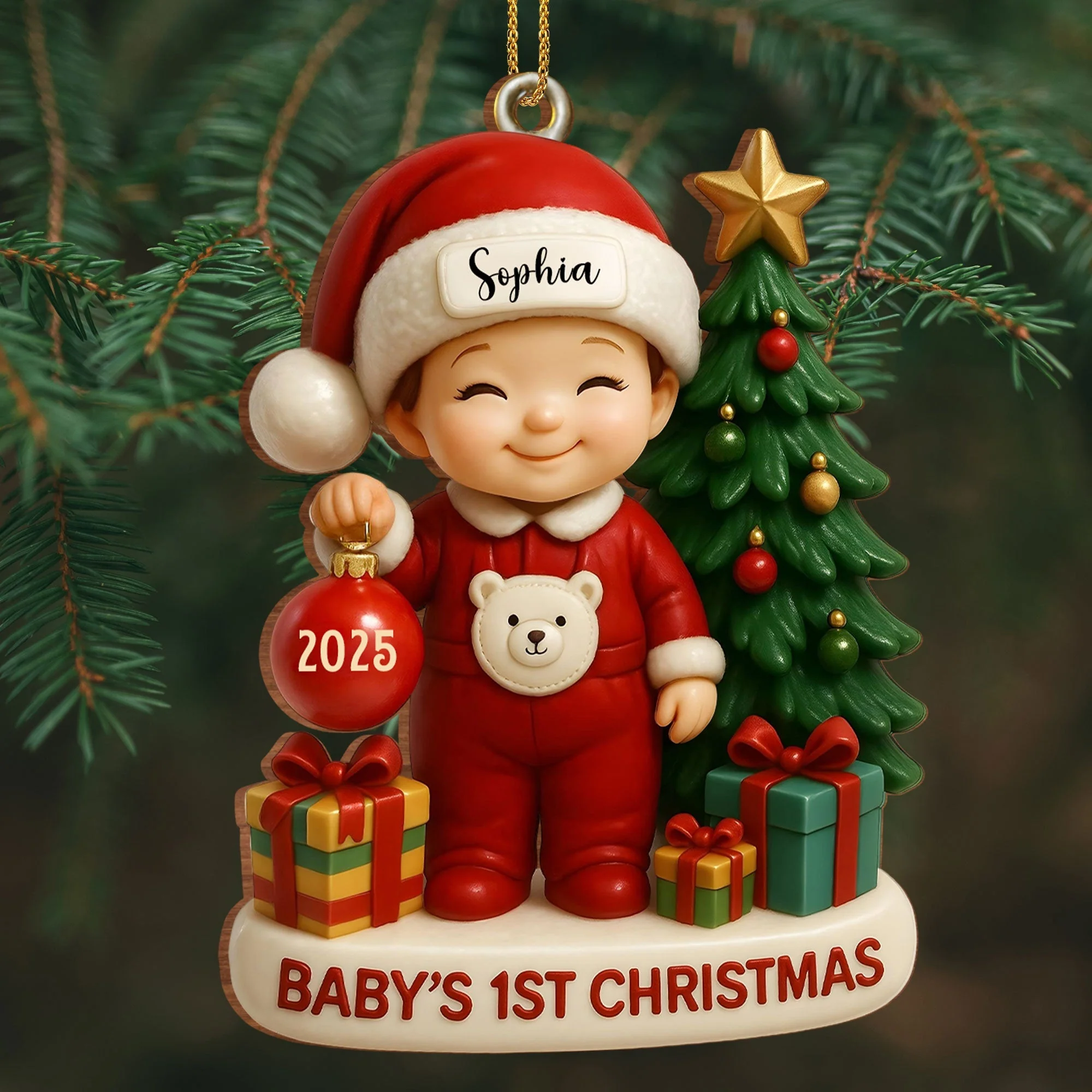 Baby’s 1st Christmas With Tree and Gifts, Personalized Custom Wood Ornament - Image 4