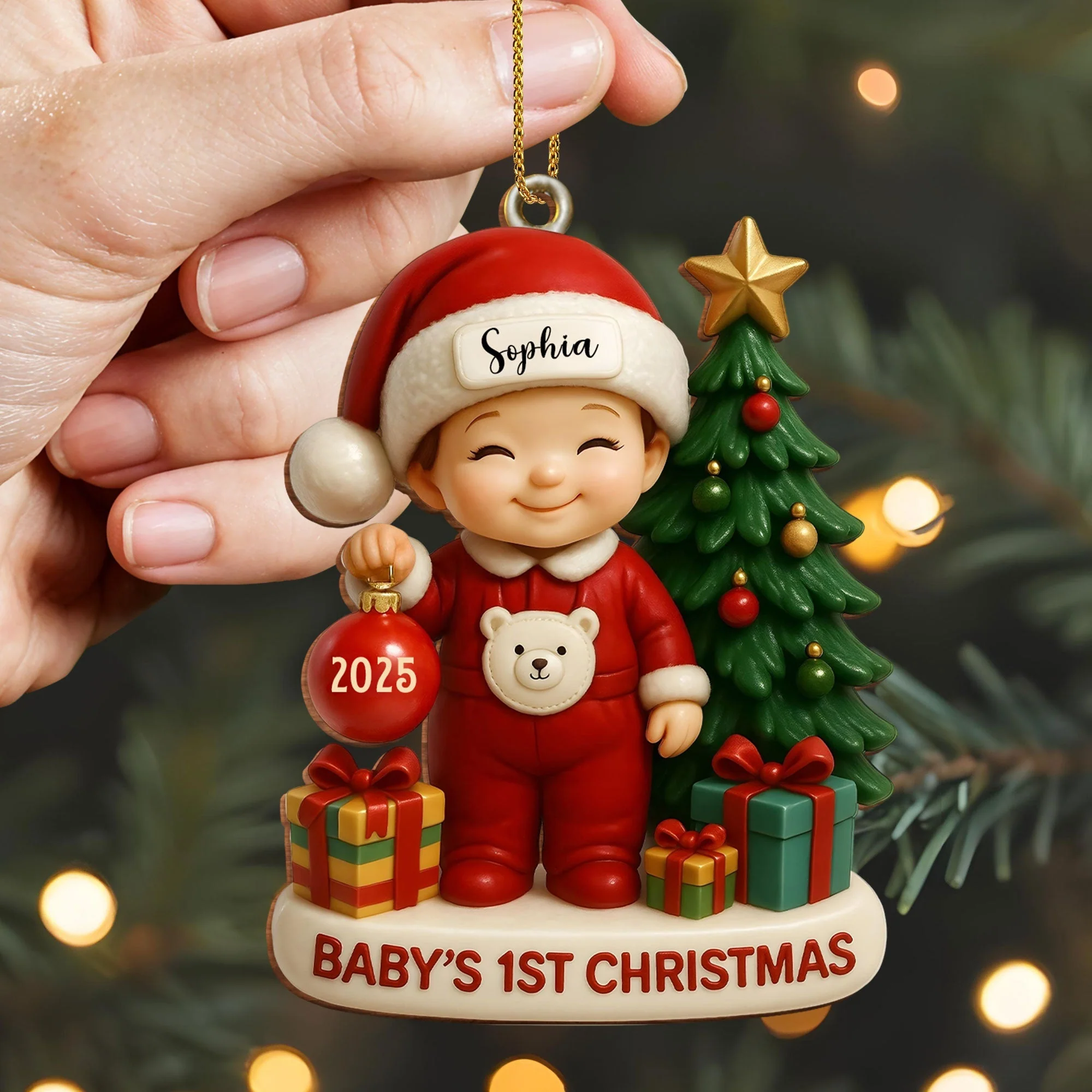 Baby’s 1st Christmas With Tree and Gifts, Personalized Custom Wood Ornament - Image 5