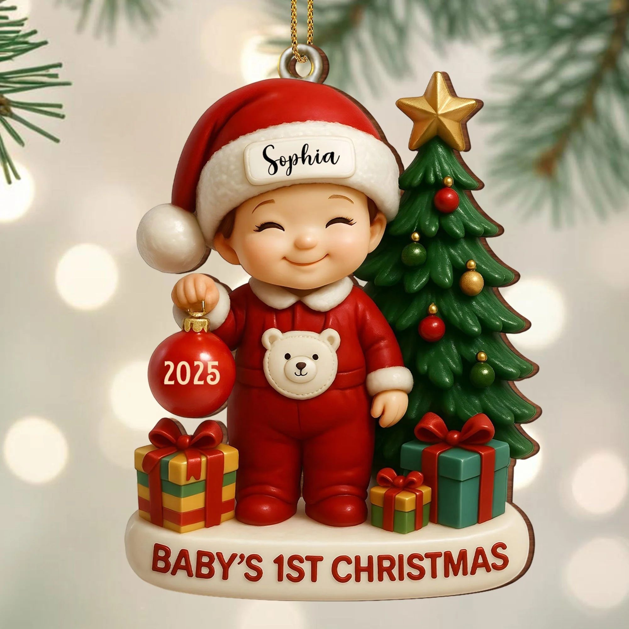Baby’s 1st Christmas With Tree and Gifts, Personalized Custom Wood Ornament - Image 6