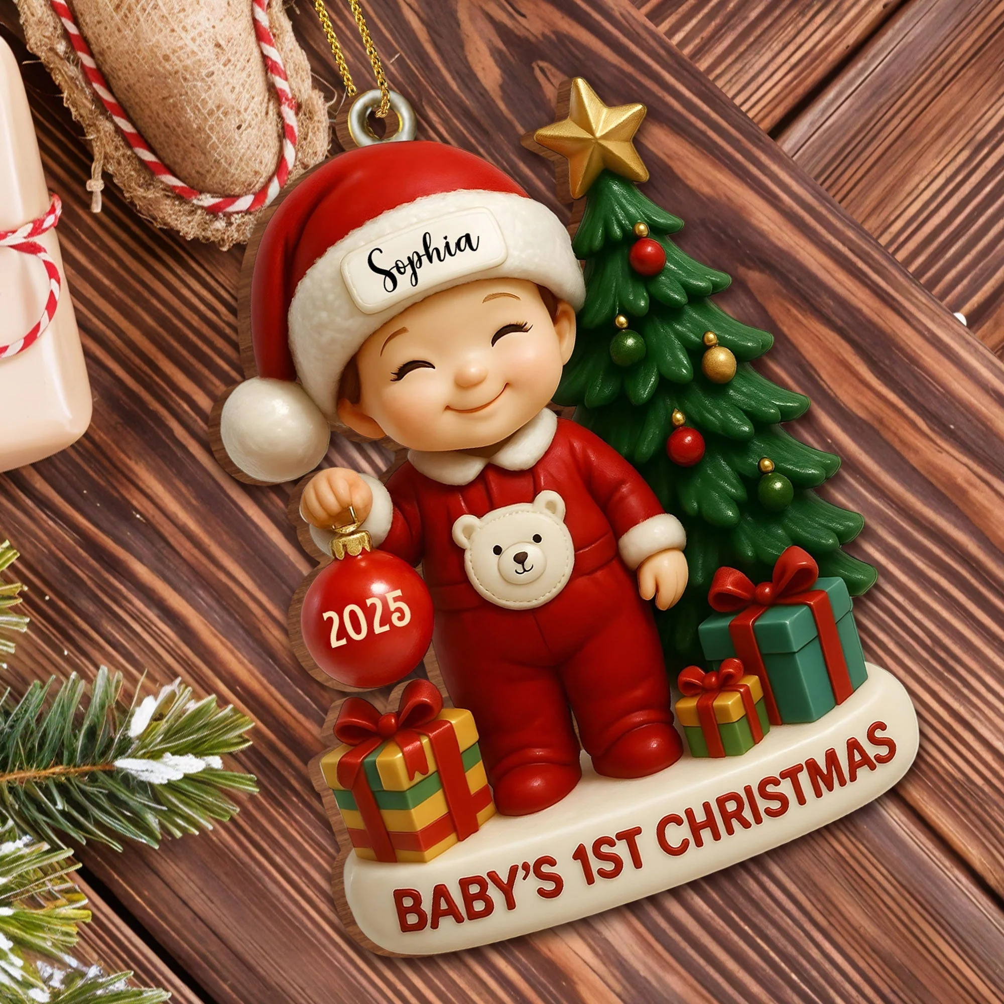 Baby’s 1st Christmas With Tree and Gifts, Personalized Custom Wood Ornament - Image 7