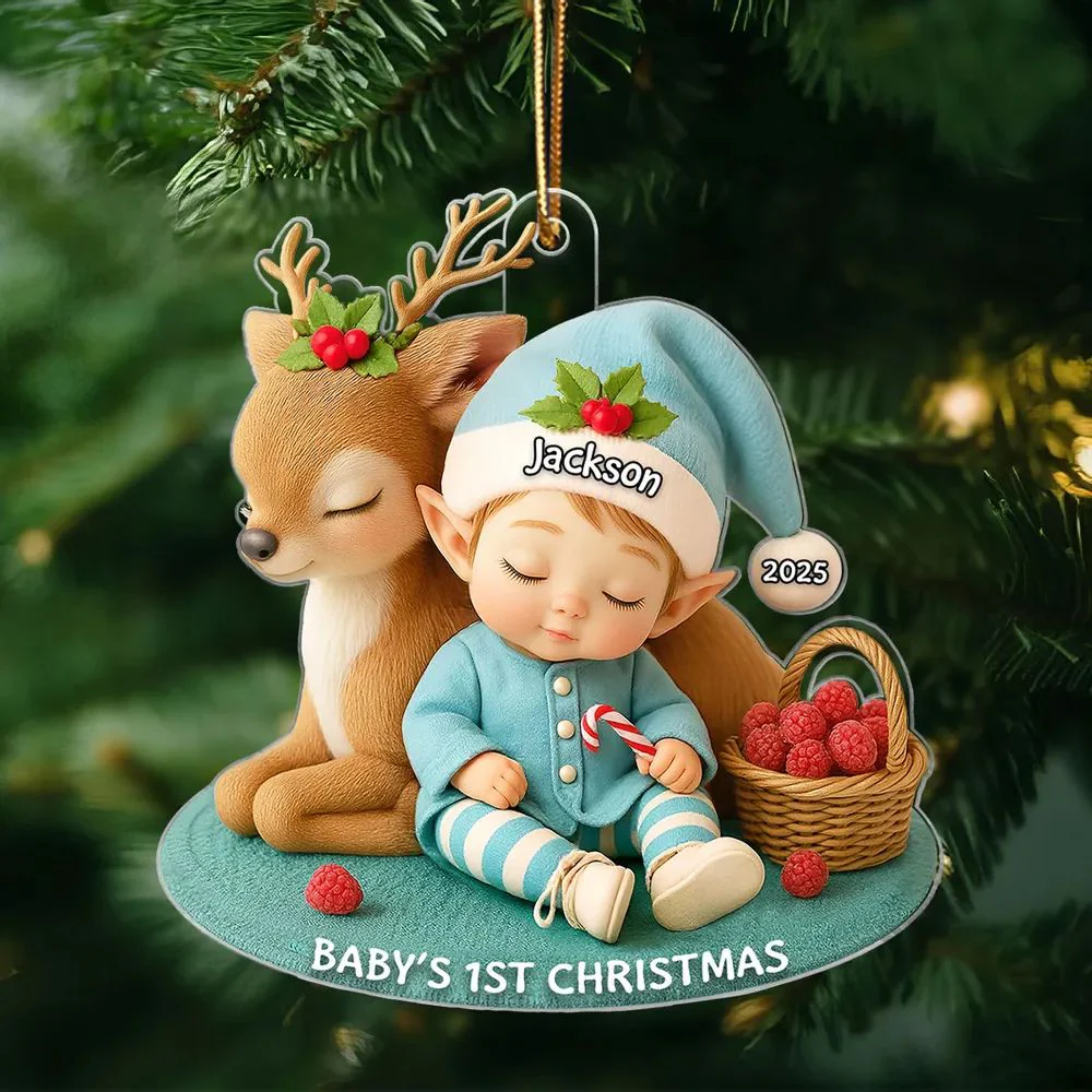Baby's 1st Christmas Ornament – Cute Elf & Reindeer Personalized Acrylic Ornament - Image 3