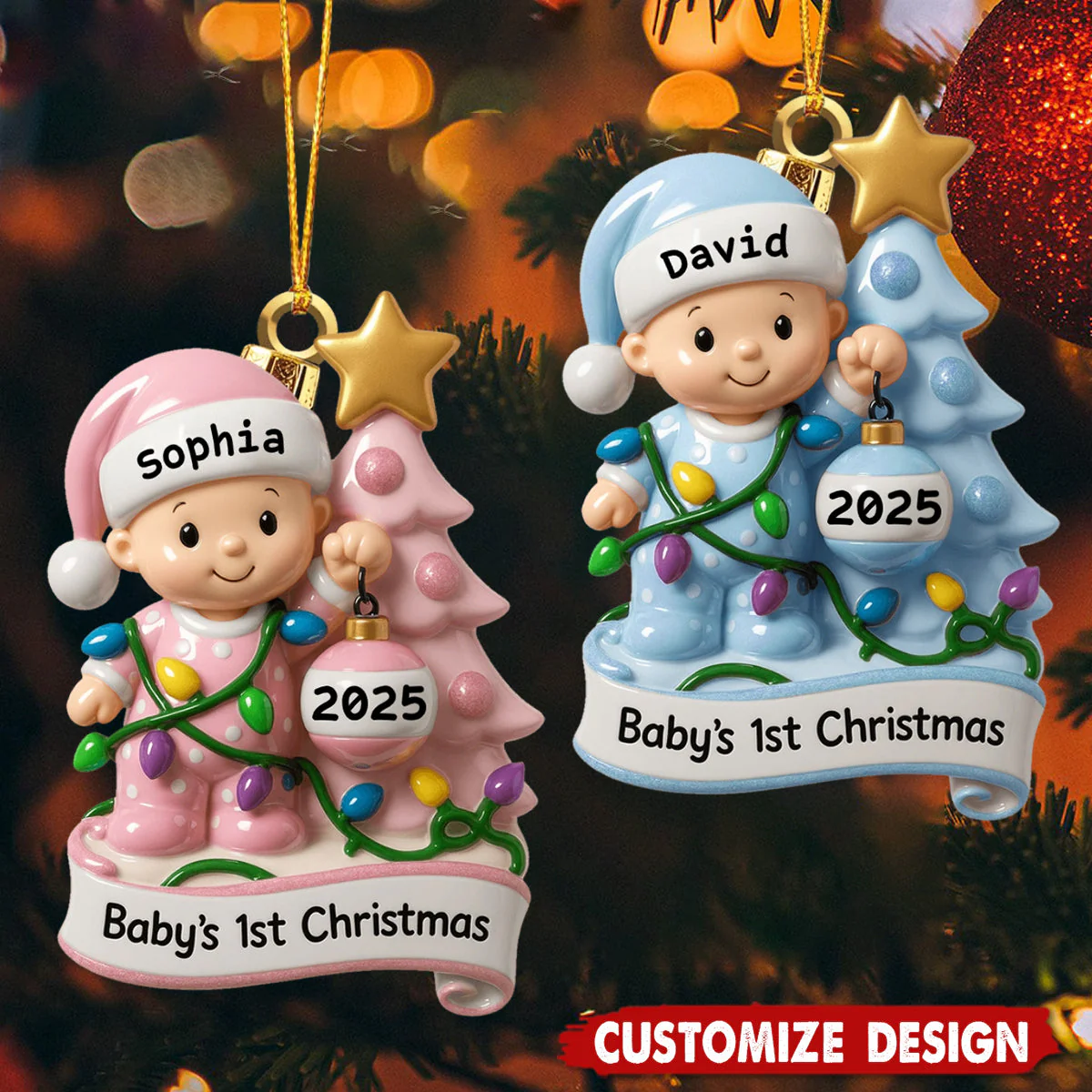 Baby's 1st Christmas With Festive Tree And Lights, Personalized Wood Ornament - Image 3