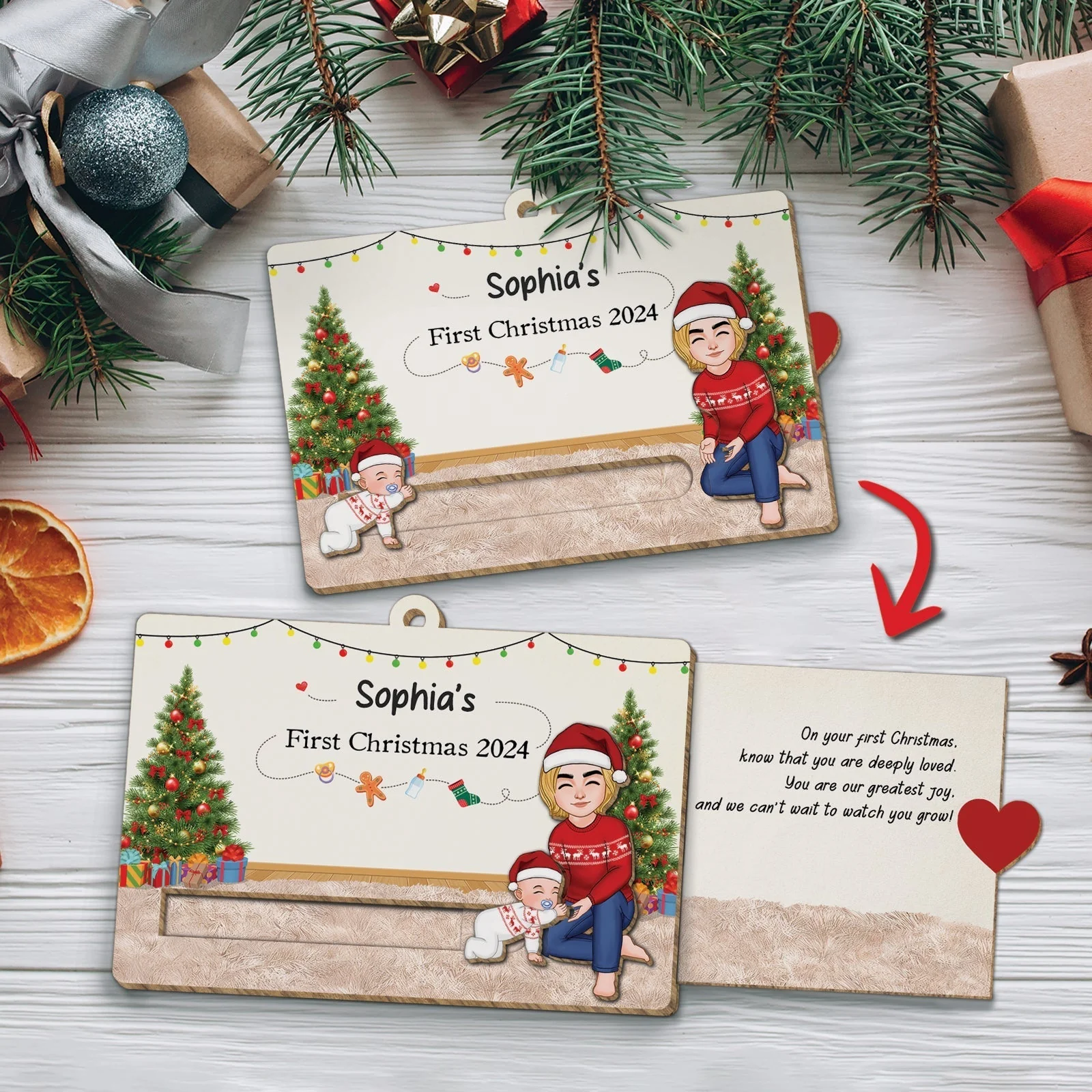 Baby's First Christmas 2024 - Personalized Family Wooden Slider Card Ornament - Image 2