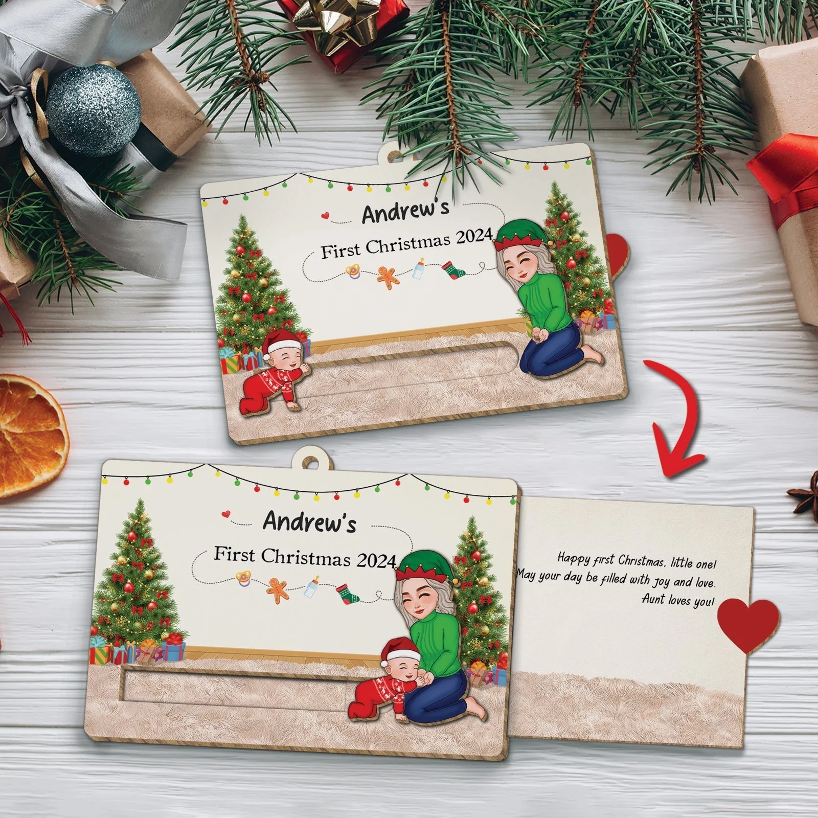 Baby's First Christmas 2024 - Personalized Family Wooden Slider Card Ornament - Image 3
