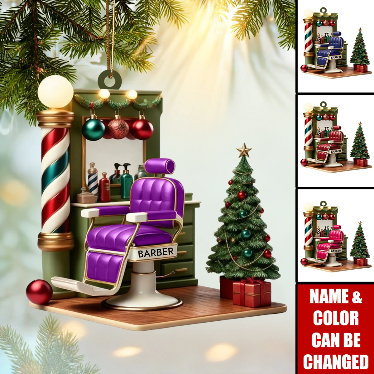 Barber Shop Ornament, Personalized Custom Holiday Decor, Hairdresser Christmas Gift - Image 3