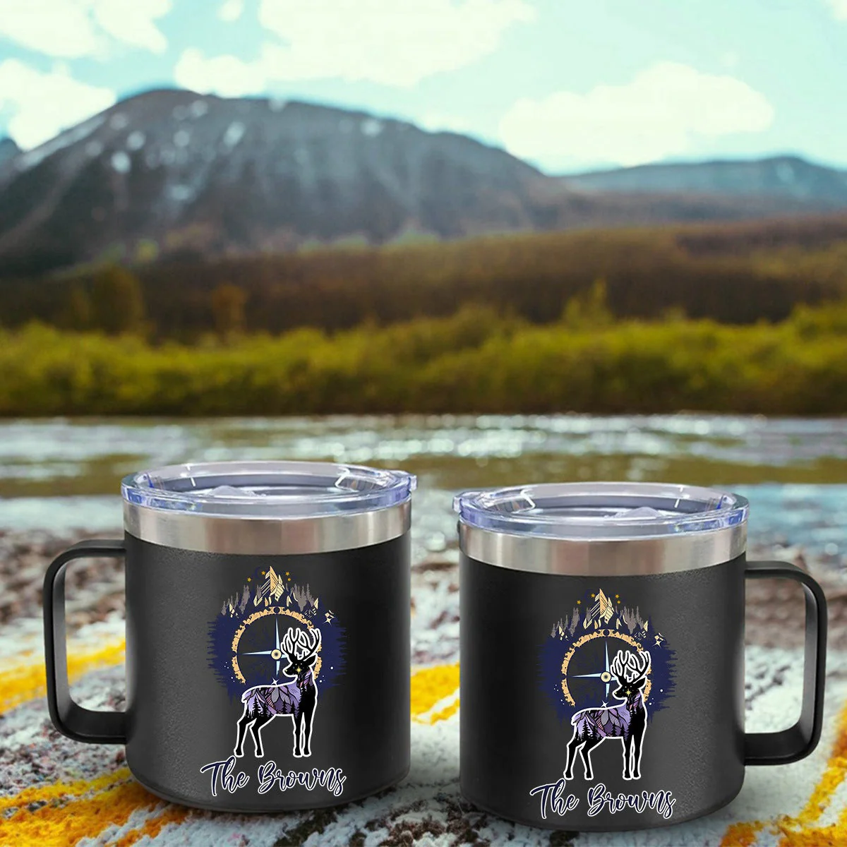 Bear And Mountains - Camping Gift For Camping Lovers - Personalized 14oz Stainless Steel Tumbler With Handle - Image 3