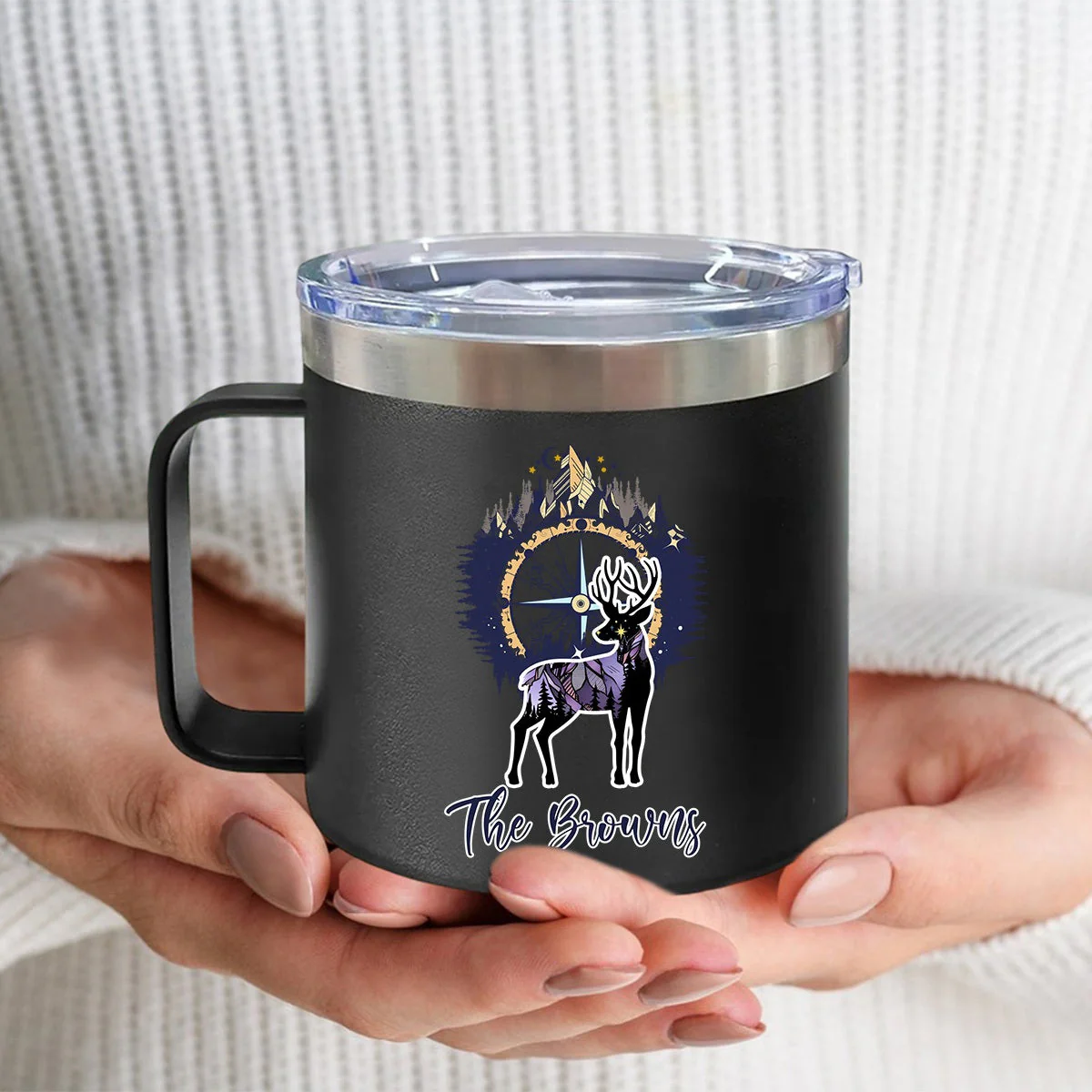 Bear And Mountains - Camping Gift For Camping Lovers - Personalized 14oz Stainless Steel Tumbler With Handle - Image 5