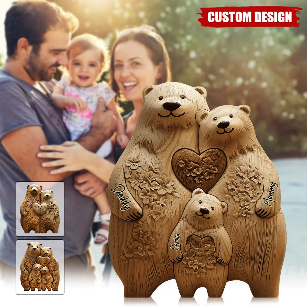 Bear Family - Personalized Family Shaped Wooden Puzzle, Art Carvings Gift For Family