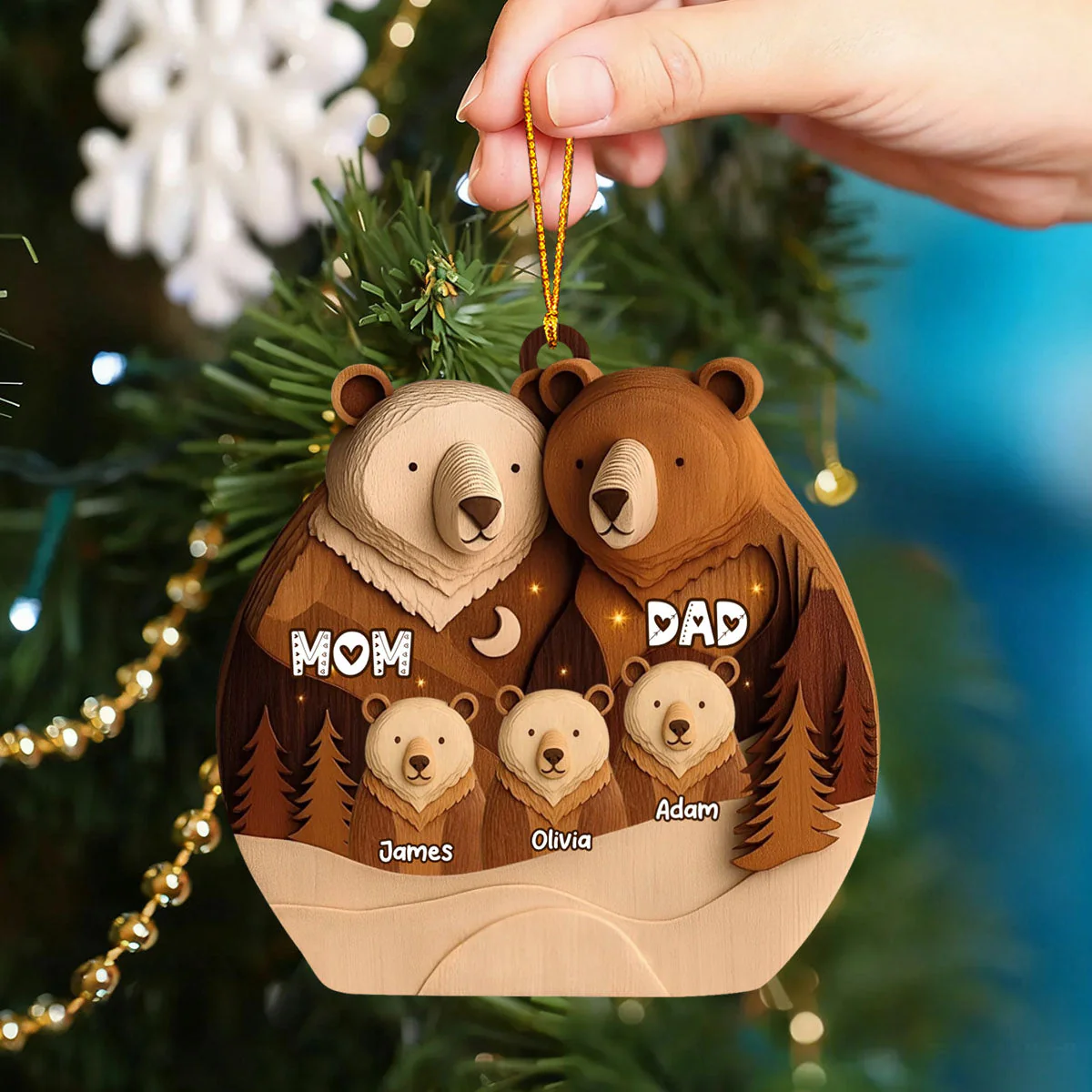 Bear Family Woodland Christmas - Personalized Wooden Ornament, Custom Name Christmas Tree Ornament, Gift for Family - Image 2