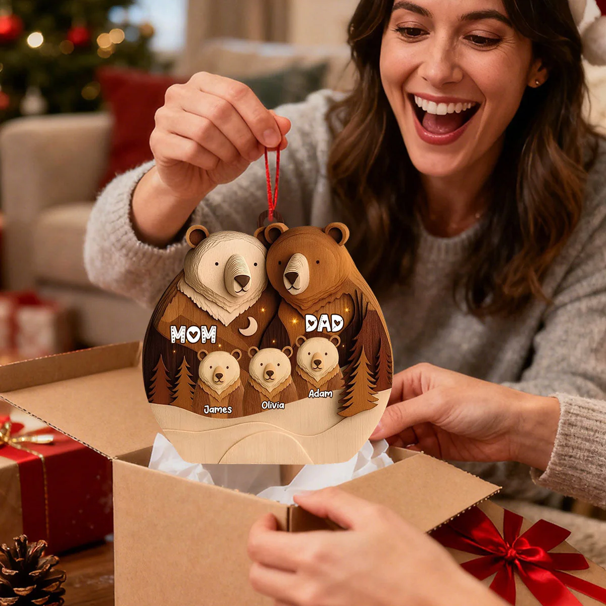 Bear Family Woodland Christmas - Personalized Wooden Ornament, Custom Name Christmas Tree Ornament, Gift for Family - Image 3