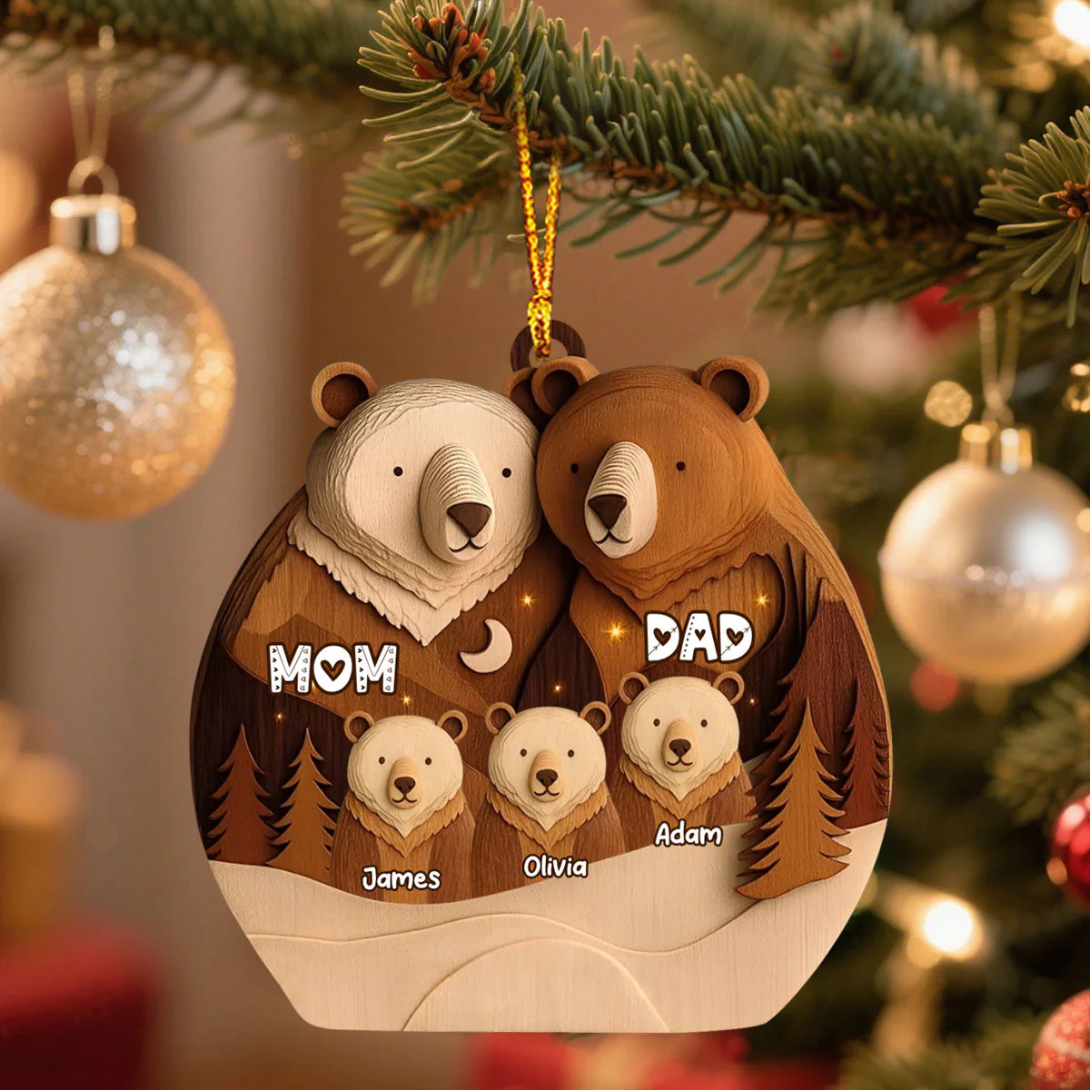 Bear Family Woodland Christmas - Personalized Wooden Ornament, Custom Name Christmas Tree Ornament, Gift for Family - Image 4