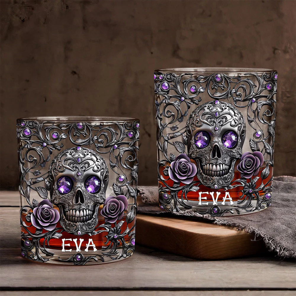 Beautiful Skull And Roses - Personalized Skull Whiskey Glass - Image 2