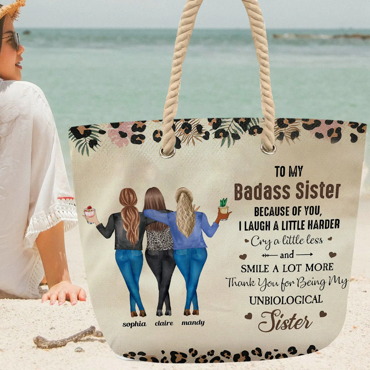 Because Of You I Laugh A Little Harder Friendship - Personalized Beach Bag - Image 6