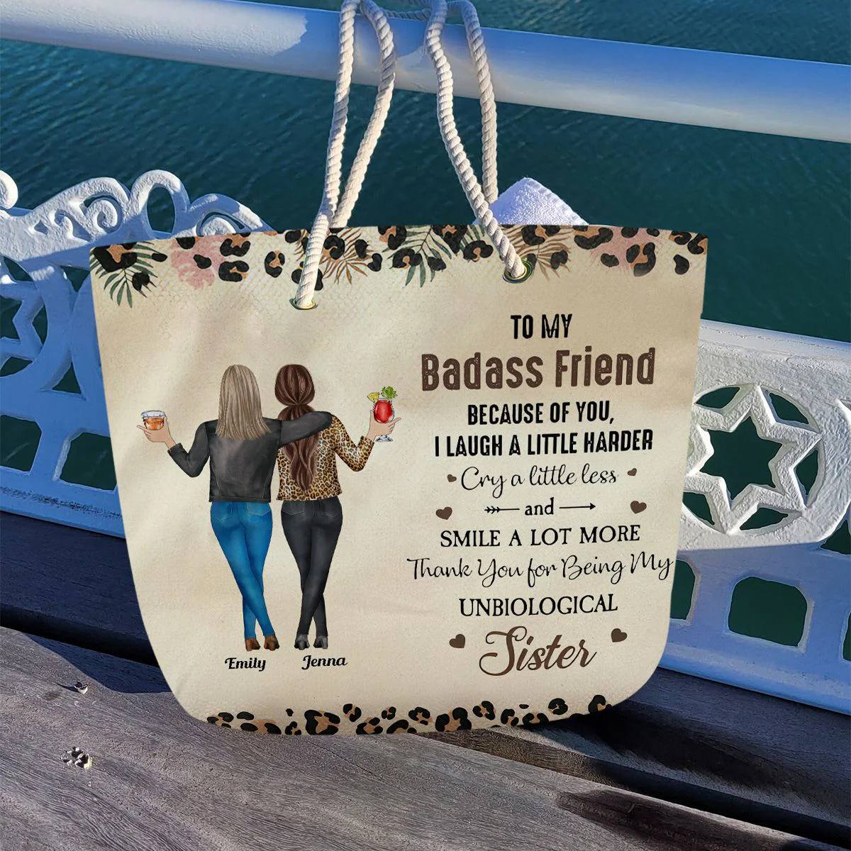 Because Of You I Laugh A Little Harder Friendship - Personalized Beach Bag - Image 9