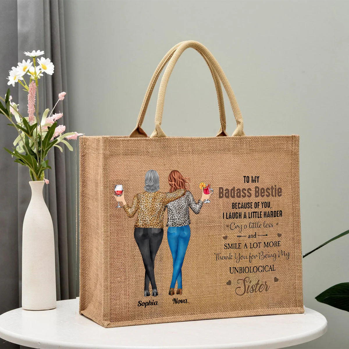 Because Of You I Laugh A Little Harder Friendship - Personalized Jute Tote Bag - Image 3