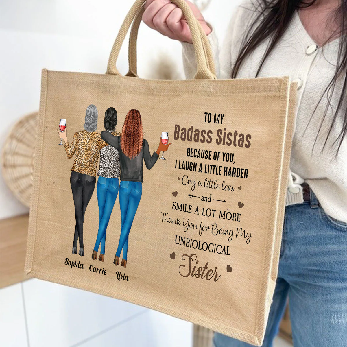 Because Of You I Laugh A Little Harder Friendship - Personalized Jute Tote Bag - Image 6