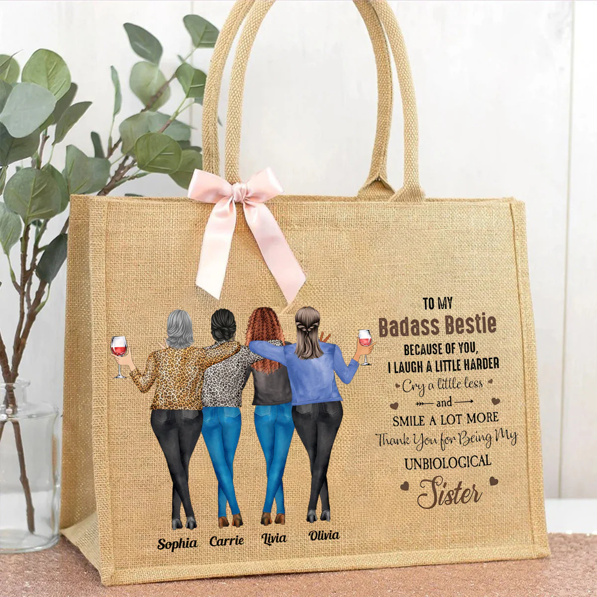 Because Of You I Laugh A Little Harder Friendship - Personalized Jute Tote Bag - Image 7