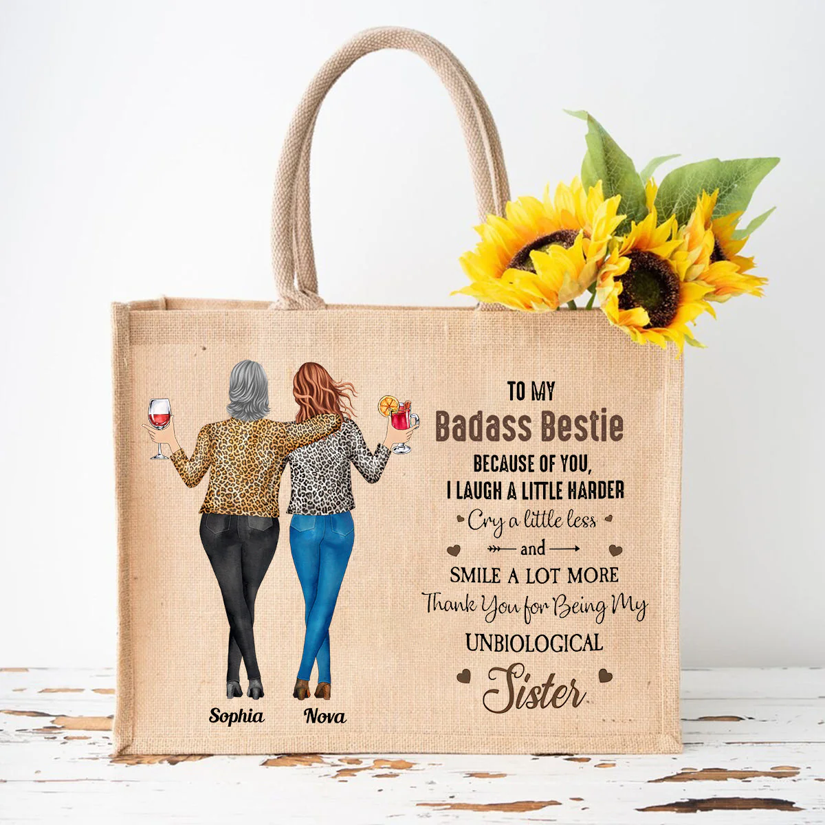 Because Of You I Laugh A Little Harder Friendship - Personalized Jute Tote Bag - Image 9