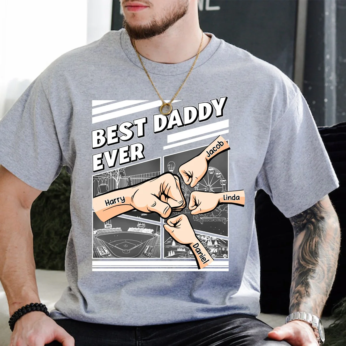 Best Dad Grandpa Hand Punch - Family Personalized Pure Cotton T-Shirt Father's Day Gift - Image 4