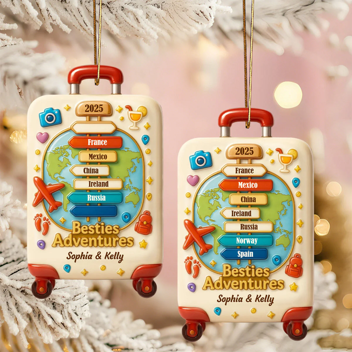 Besties Explore The World, World Map Luggage Ornament, Personalized World Ornament Gift For Best Friends - Image 2