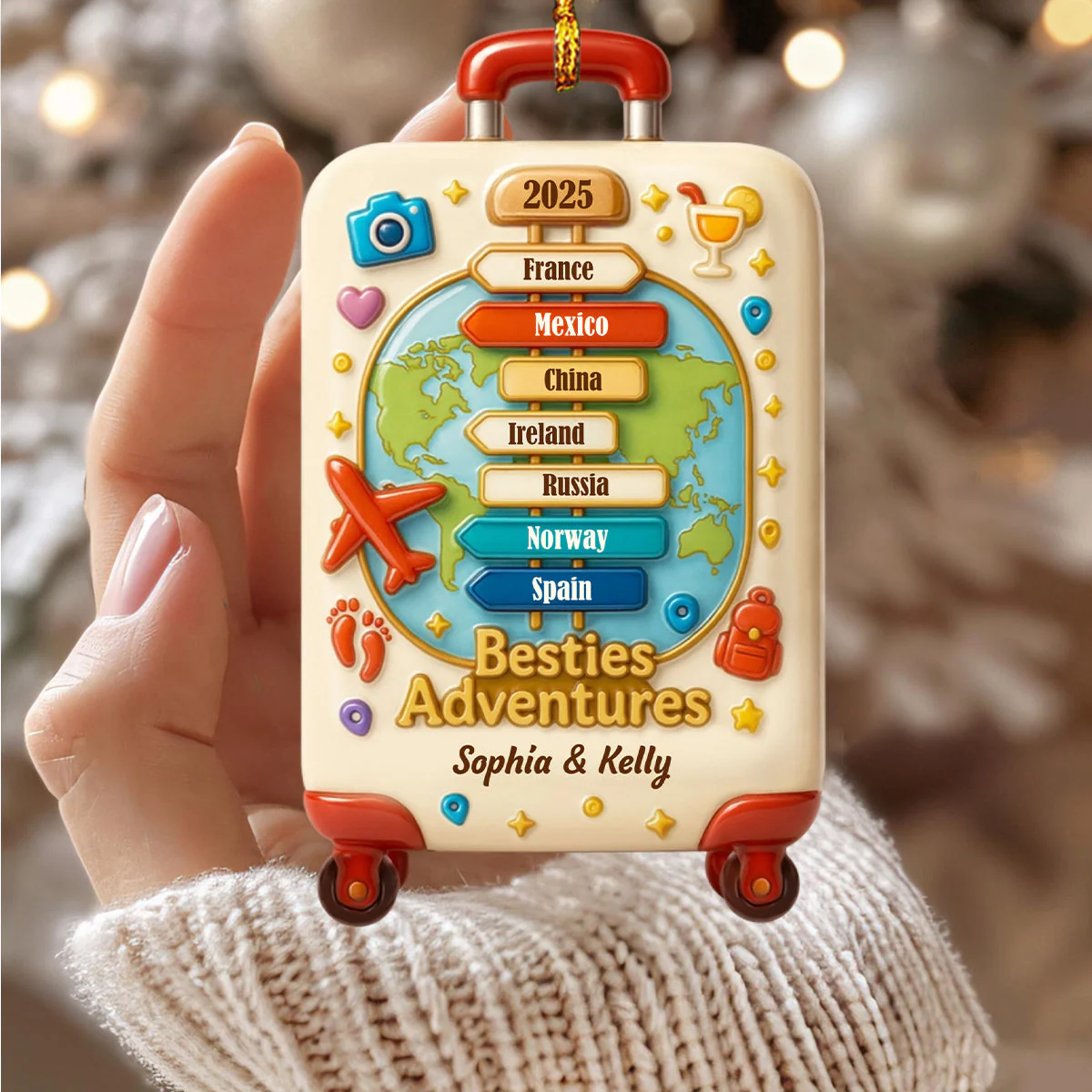 Besties Explore The World, World Map Luggage Ornament, Personalized World Ornament Gift For Best Friends - Image 3