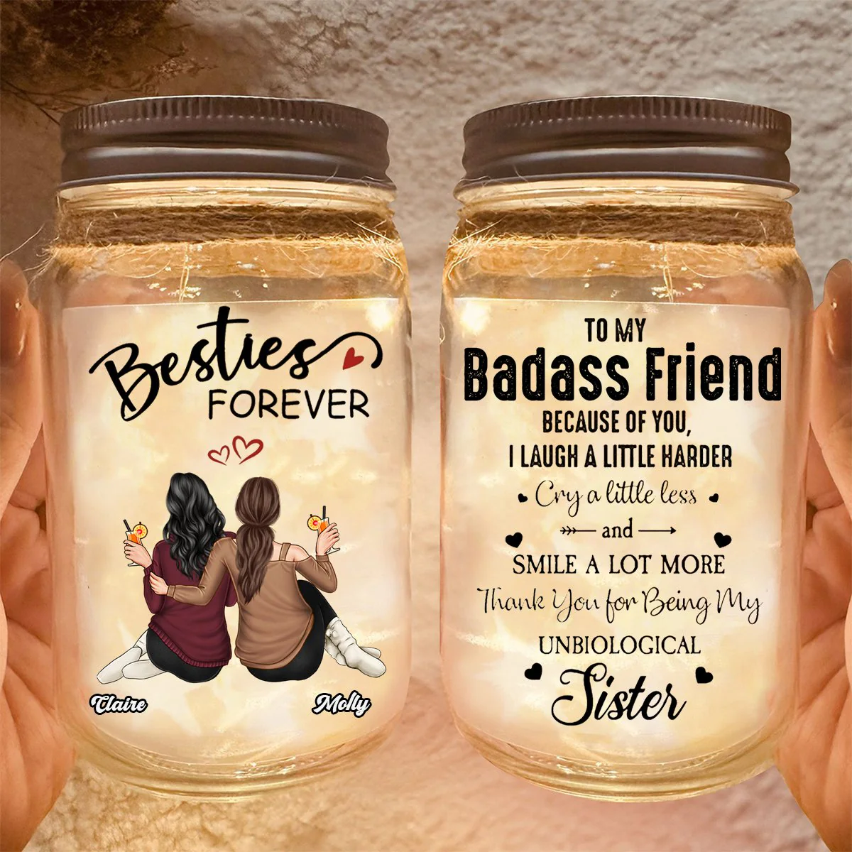 Besties Forever Because Of You I Laugh A Little Harder - Personalized Mason Jar Light - Image 3