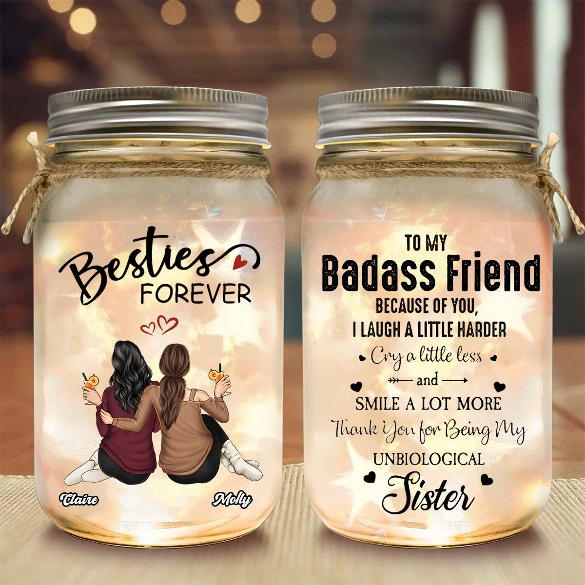 Besties Forever Because Of You I Laugh A Little Harder - Personalized Mason Jar Light - Image 5