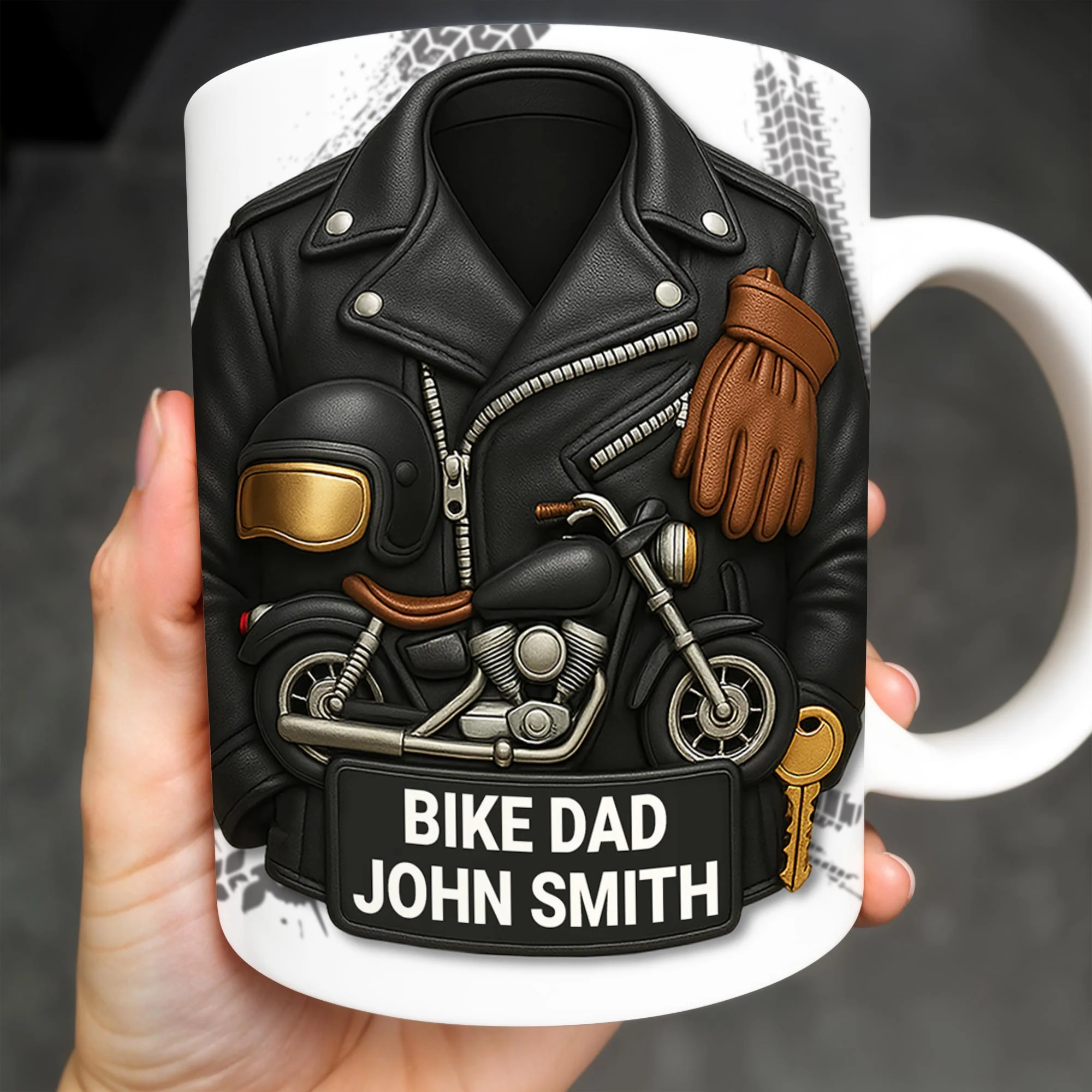 Bike Dad, Motorcycle and Leather Jacket, Personalized Coffee Mug, Gift For Dads and Bikers - Image 2