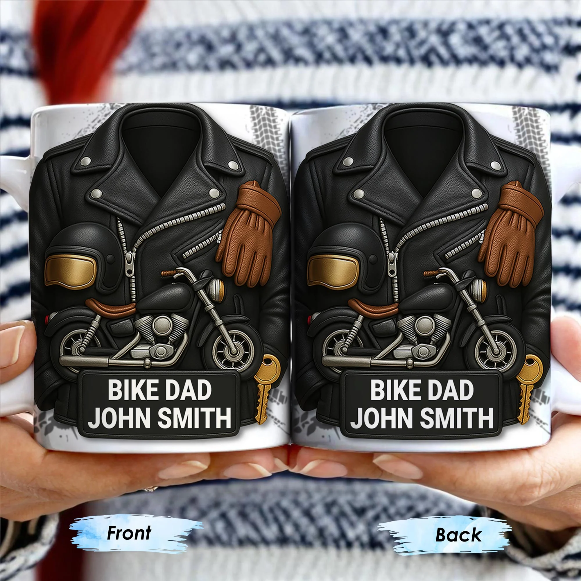 Bike Dad, Motorcycle and Leather Jacket, Personalized Coffee Mug, Gift For Dads and Bikers - Image 3