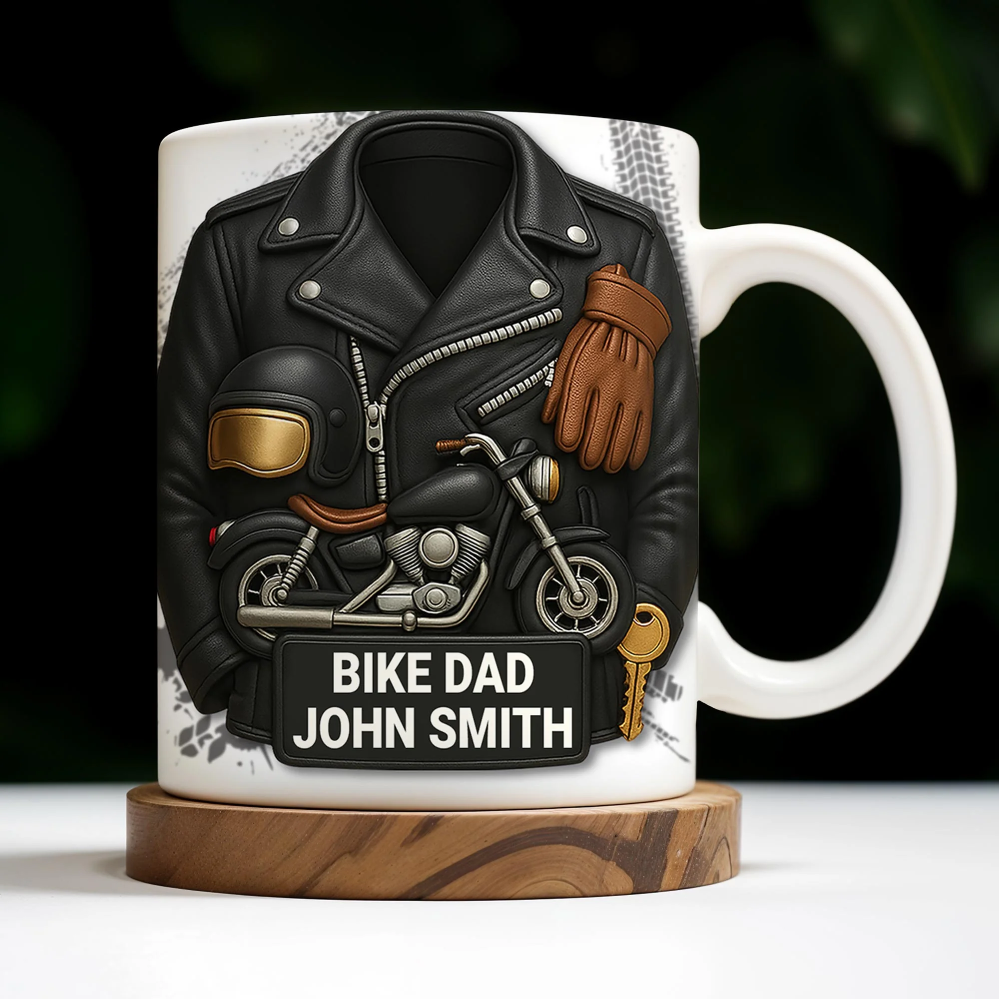 Bike Dad, Motorcycle and Leather Jacket, Personalized Coffee Mug, Gift For Dads and Bikers - Image 5