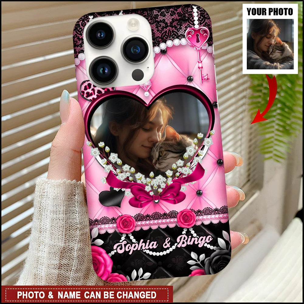 Black Pink Heart  Photo And Name - Personalized Phone Case, Gift For Pet Lover, Gift For Family - Image 2
