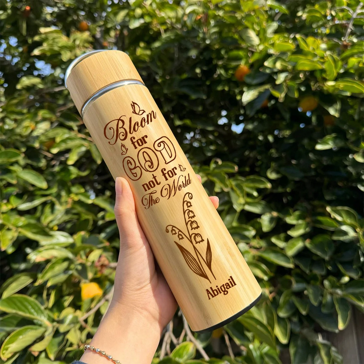 Bloom For God Not For The World - Personalized Stainless Bamboo Tumbler - Image 6