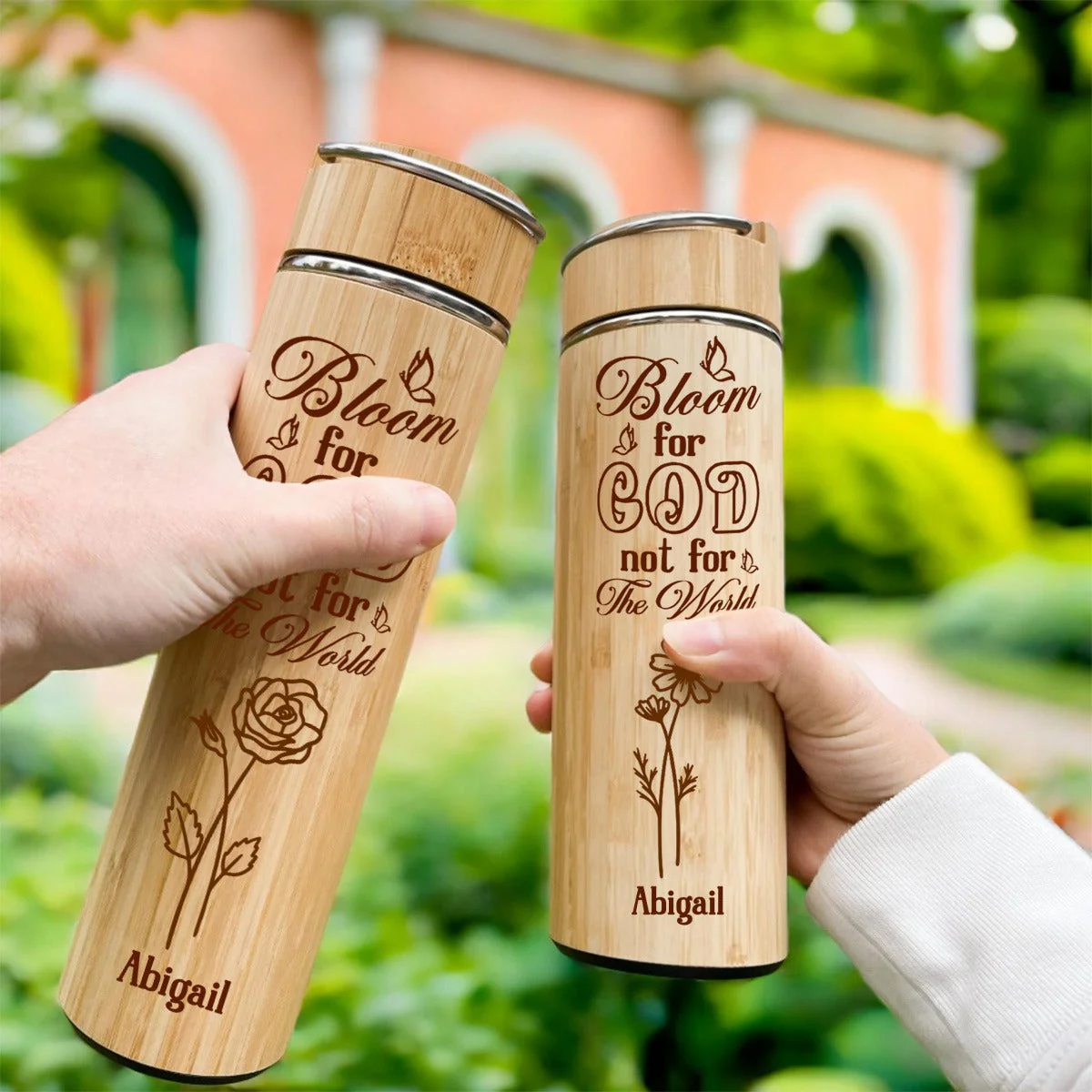 Bloom For God Not For The World - Personalized Stainless Bamboo Tumbler - Image 8