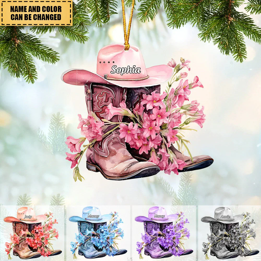 Blossom On The Way, Personalized Cowboy Hat & Boot Twoside Acrylic Ornament - Image 2