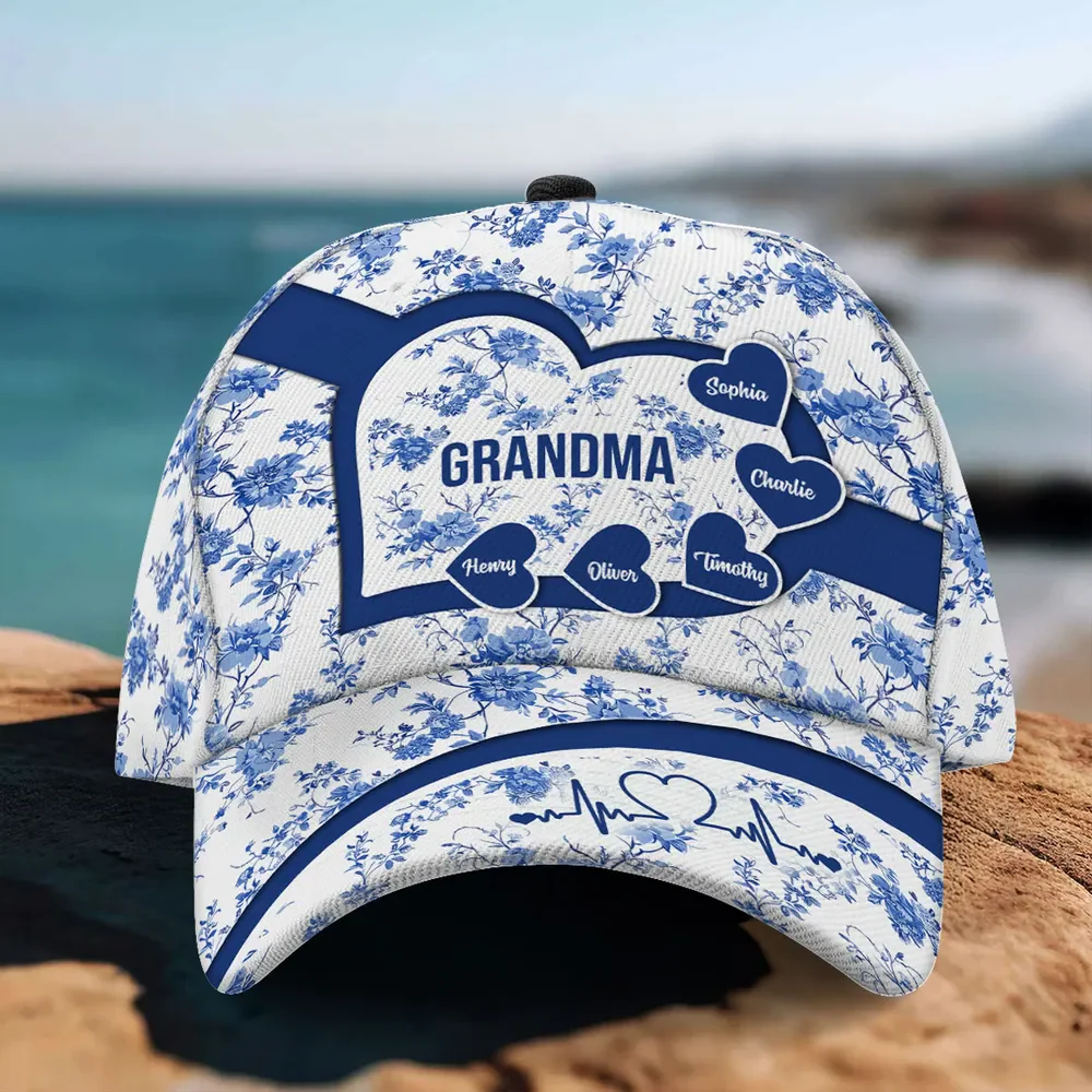 Blue Heart Floral Chinoiserie Patterned Personalized Cap, Mother's Day gift for Mom, Grandma - Image 2