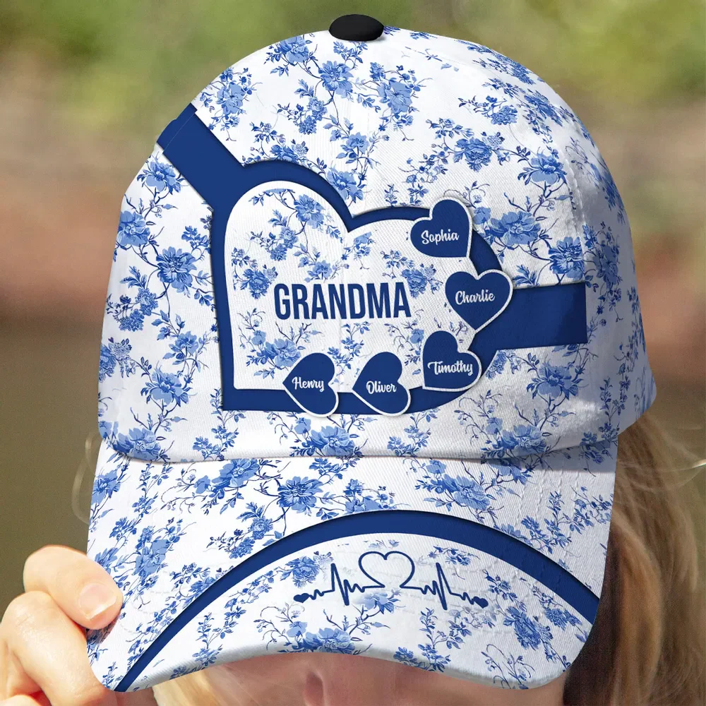 Blue Heart Floral Chinoiserie Patterned Personalized Cap, Mother's Day gift for Mom, Grandma - Image 3