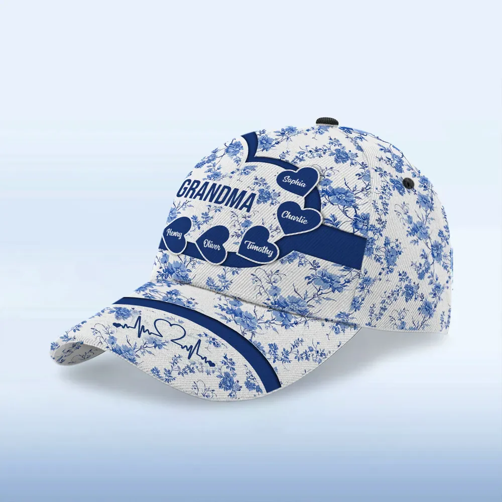 Blue Heart Floral Chinoiserie Patterned Personalized Cap, Mother's Day gift for Mom, Grandma - Image 4