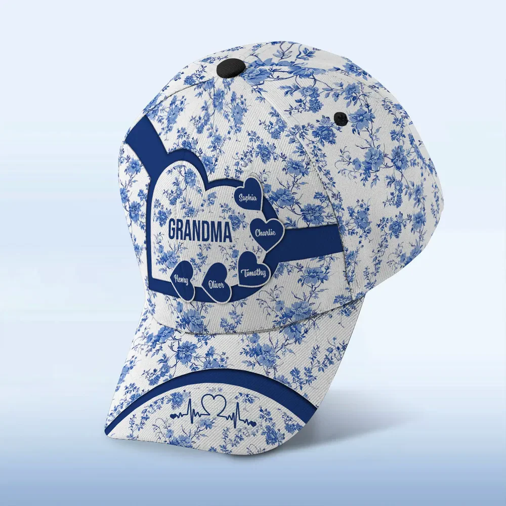 Blue Heart Floral Chinoiserie Patterned Personalized Cap, Mother's Day gift for Mom, Grandma - Image 5