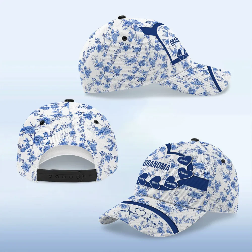 Blue Heart Floral Chinoiserie Patterned Personalized Cap, Mother's Day gift for Mom, Grandma - Image 6