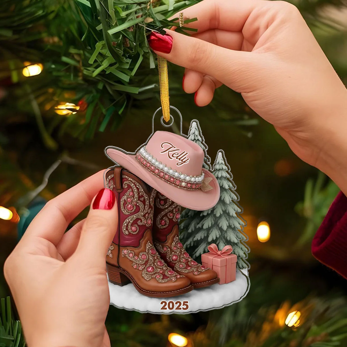 Boots And Hat Cowgirl Name - Personalized Acrylic Ornament - Image 2