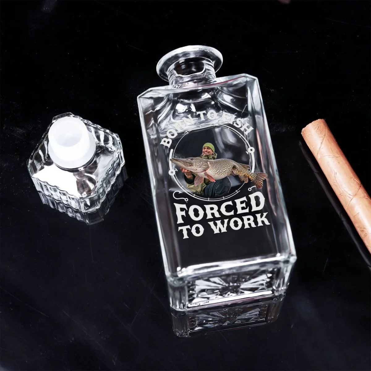 Born To Fish, Forced To Work - Personalized Whiskey Decanter Fishing Gifts For Men, Husband, Dad - Image 2