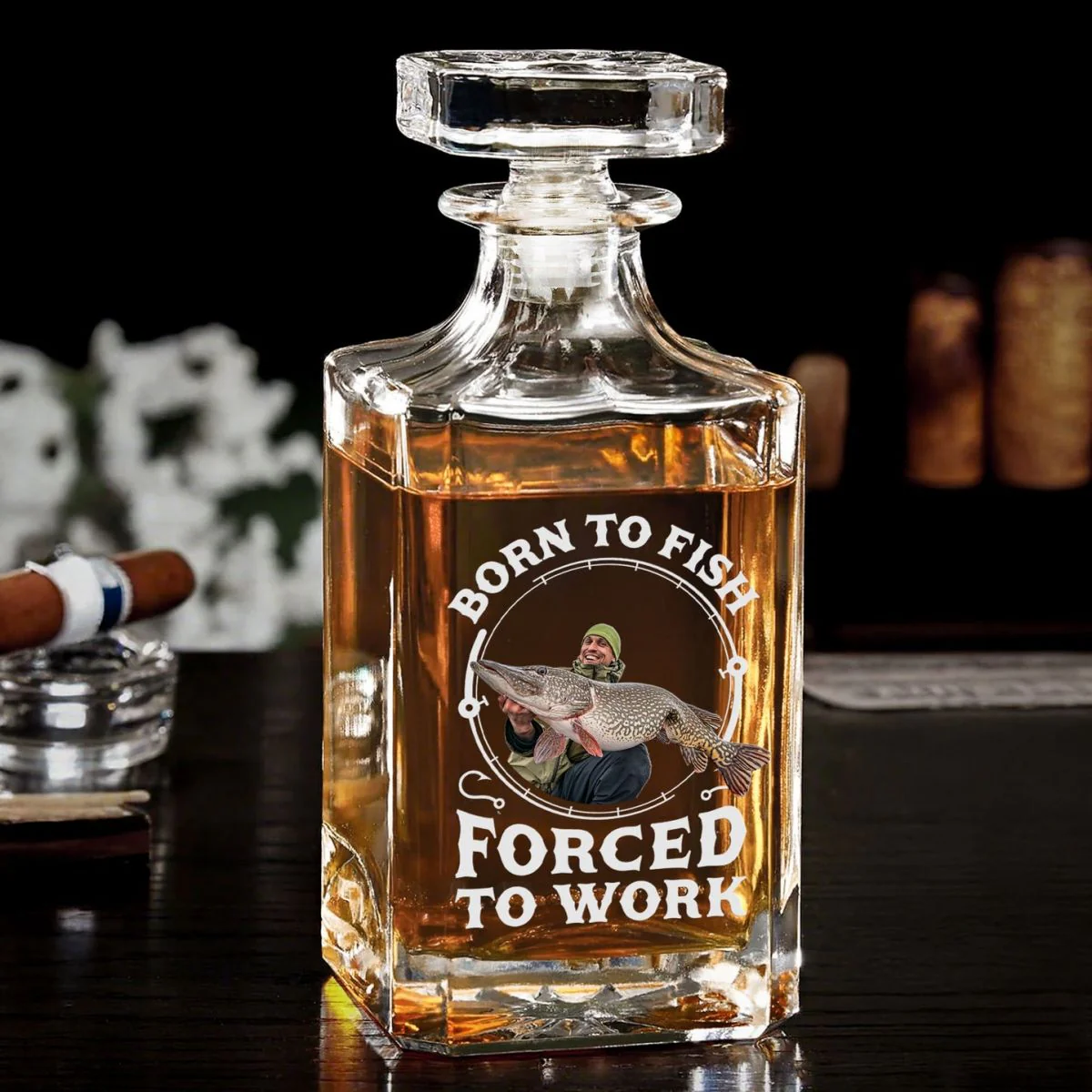 Born To Fish, Forced To Work - Personalized Whiskey Decanter Fishing Gifts For Men, Husband, Dad - Image 3
