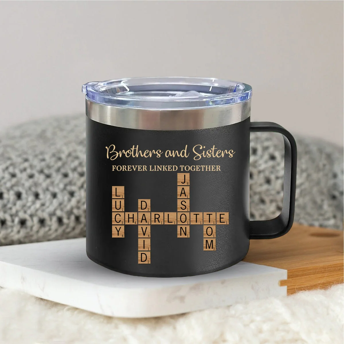 Brothers & Sisters Forever Linked Together Crossword Puzzle Art Personalized 14oz Stainless Steel Tumbler With Handle - Image 10