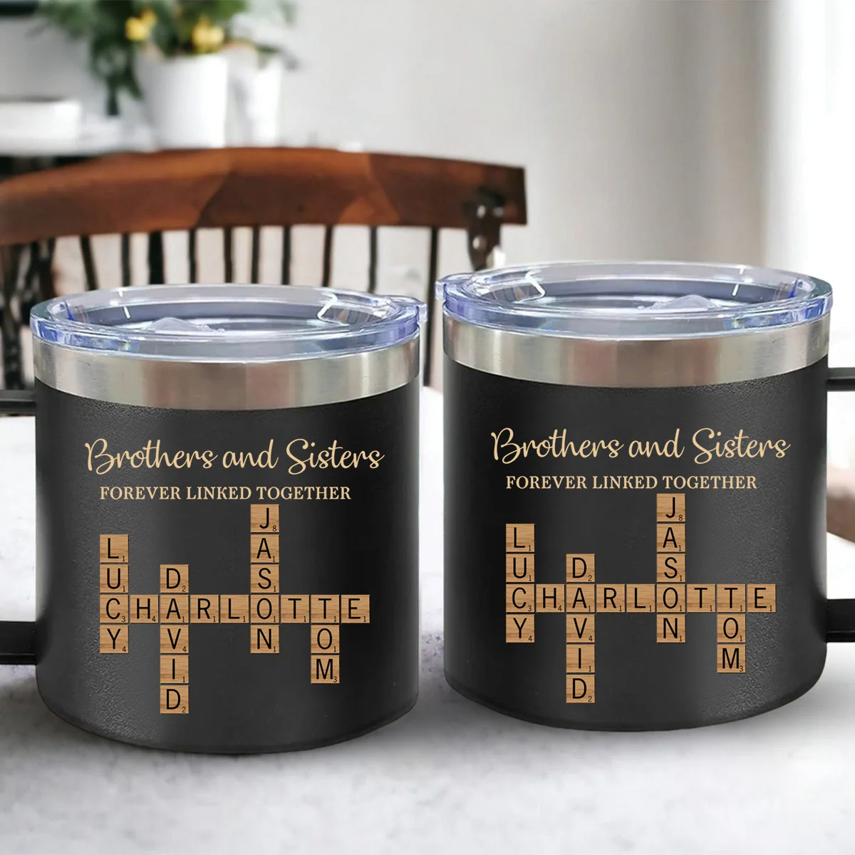 Brothers & Sisters Forever Linked Together Crossword Puzzle Art Personalized 14oz Stainless Steel Tumbler With Handle - Image 2