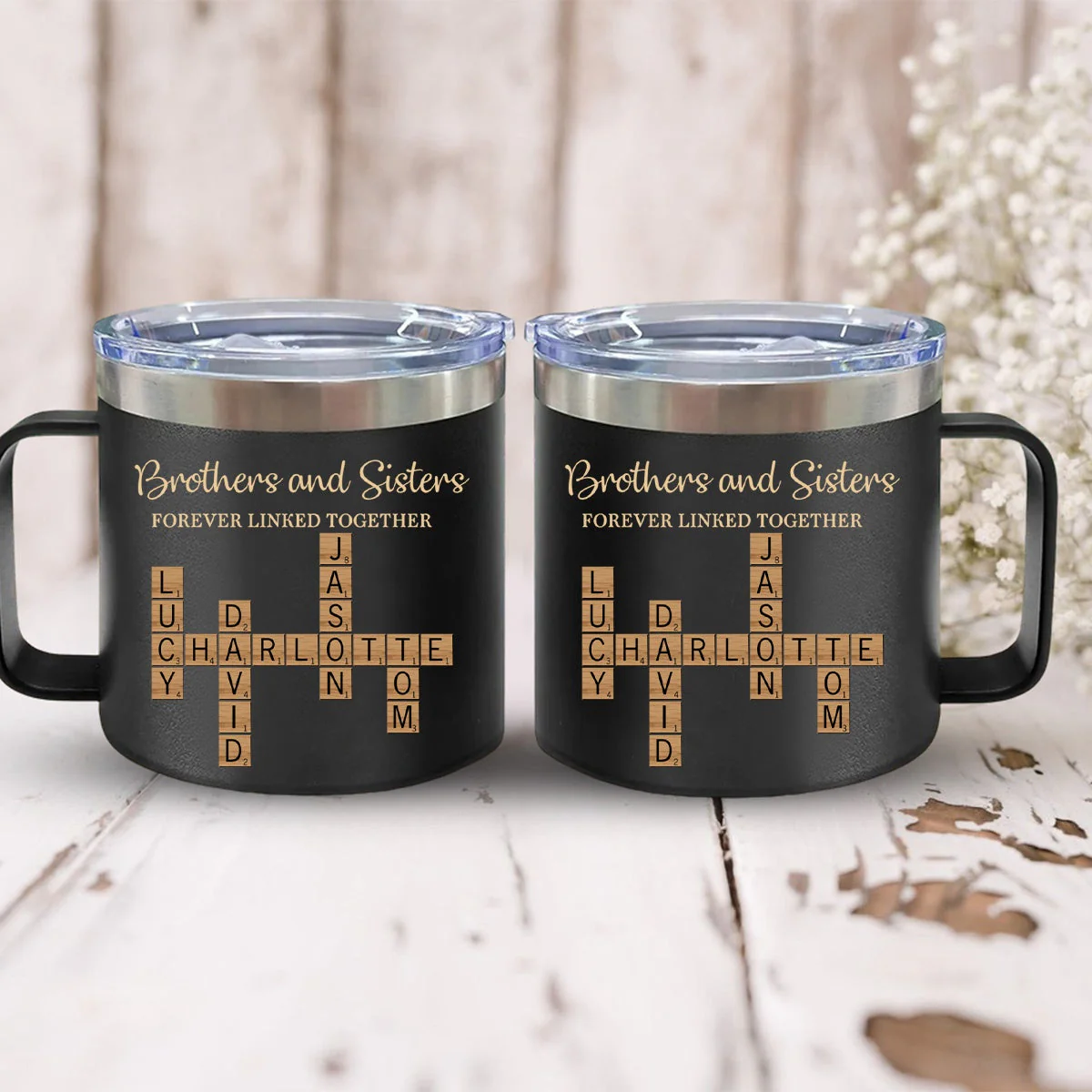 Brothers & Sisters Forever Linked Together Crossword Puzzle Art Personalized 14oz Stainless Steel Tumbler With Handle - Image 3