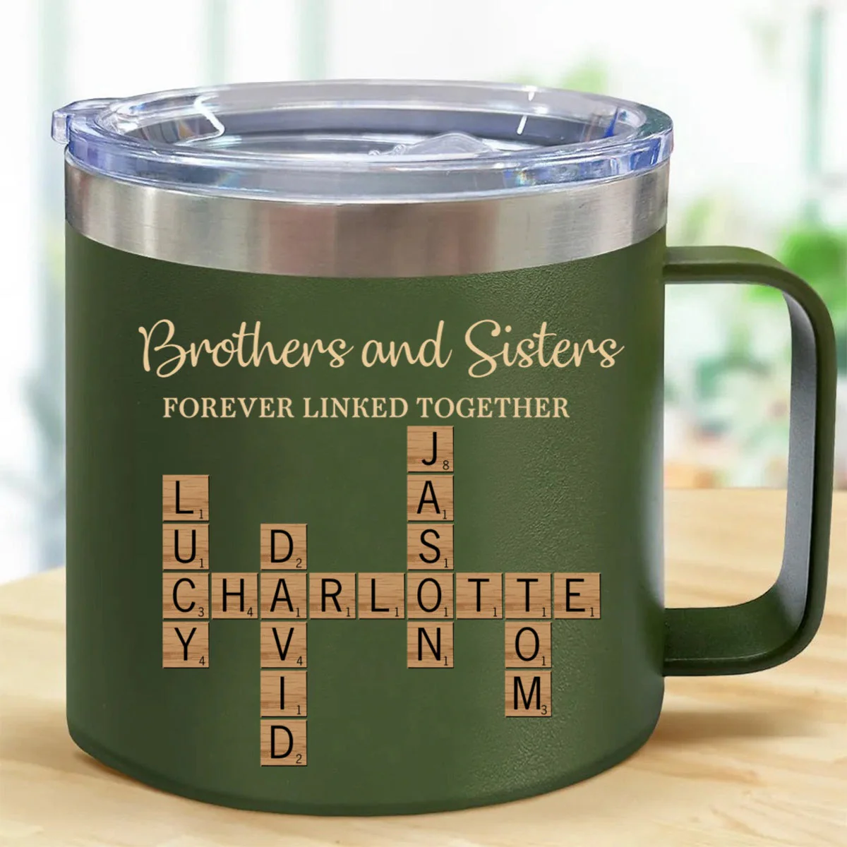 Brothers & Sisters Forever Linked Together Crossword Puzzle Art Personalized 14oz Stainless Steel Tumbler With Handle - Image 4