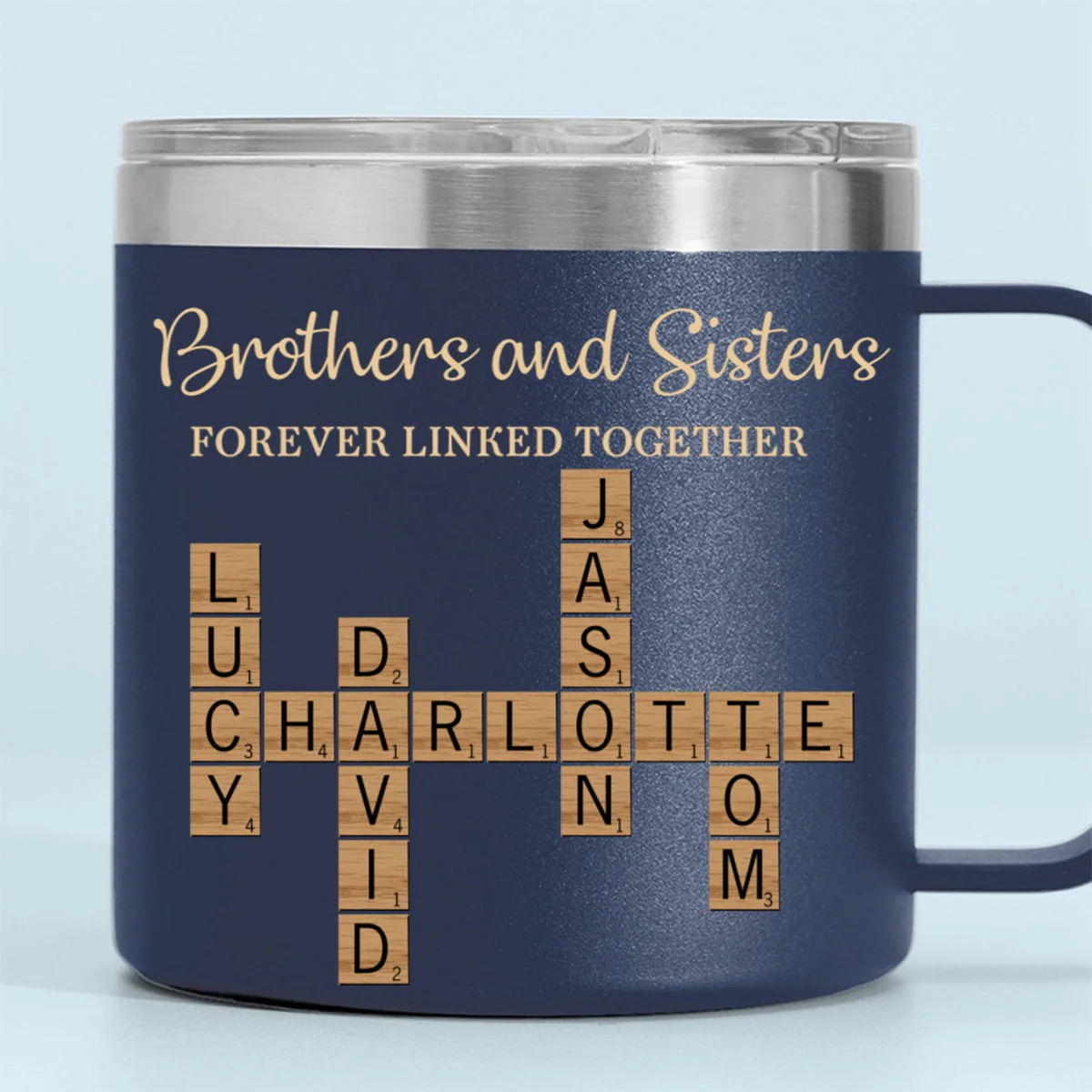 Brothers & Sisters Forever Linked Together Crossword Puzzle Art Personalized 14oz Stainless Steel Tumbler With Handle - Image 5