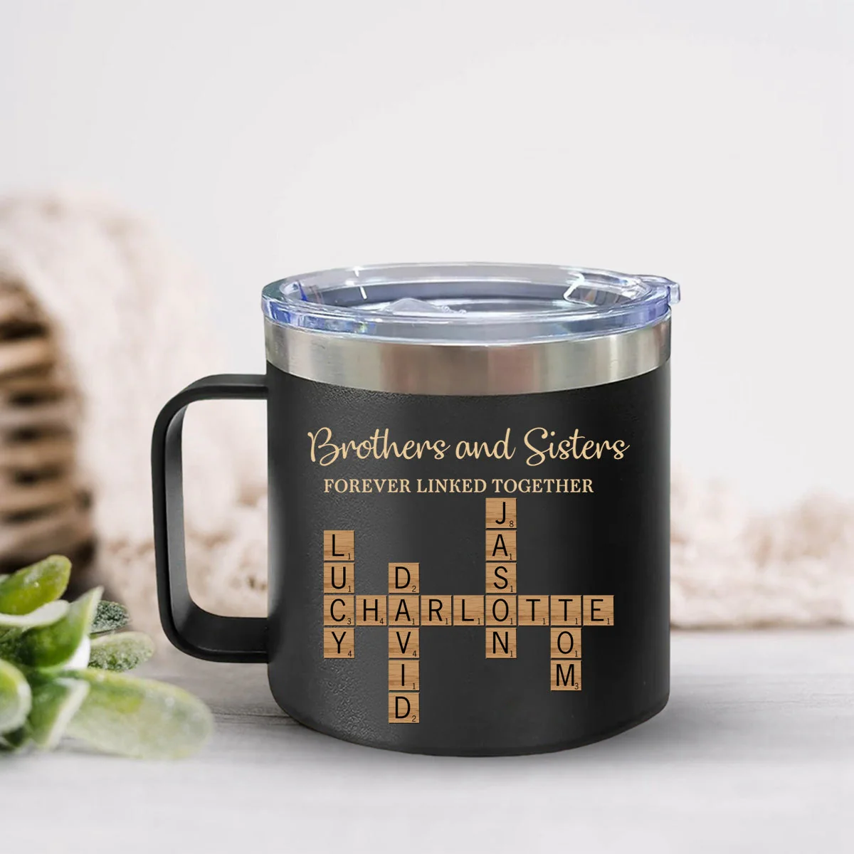 Brothers & Sisters Forever Linked Together Crossword Puzzle Art Personalized 14oz Stainless Steel Tumbler With Handle - Image 6