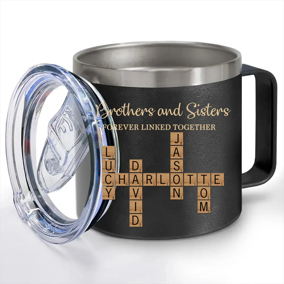 Brothers & Sisters Forever Linked Together Crossword Puzzle Art Personalized 14oz Stainless Steel Tumbler With Handle - Image 7