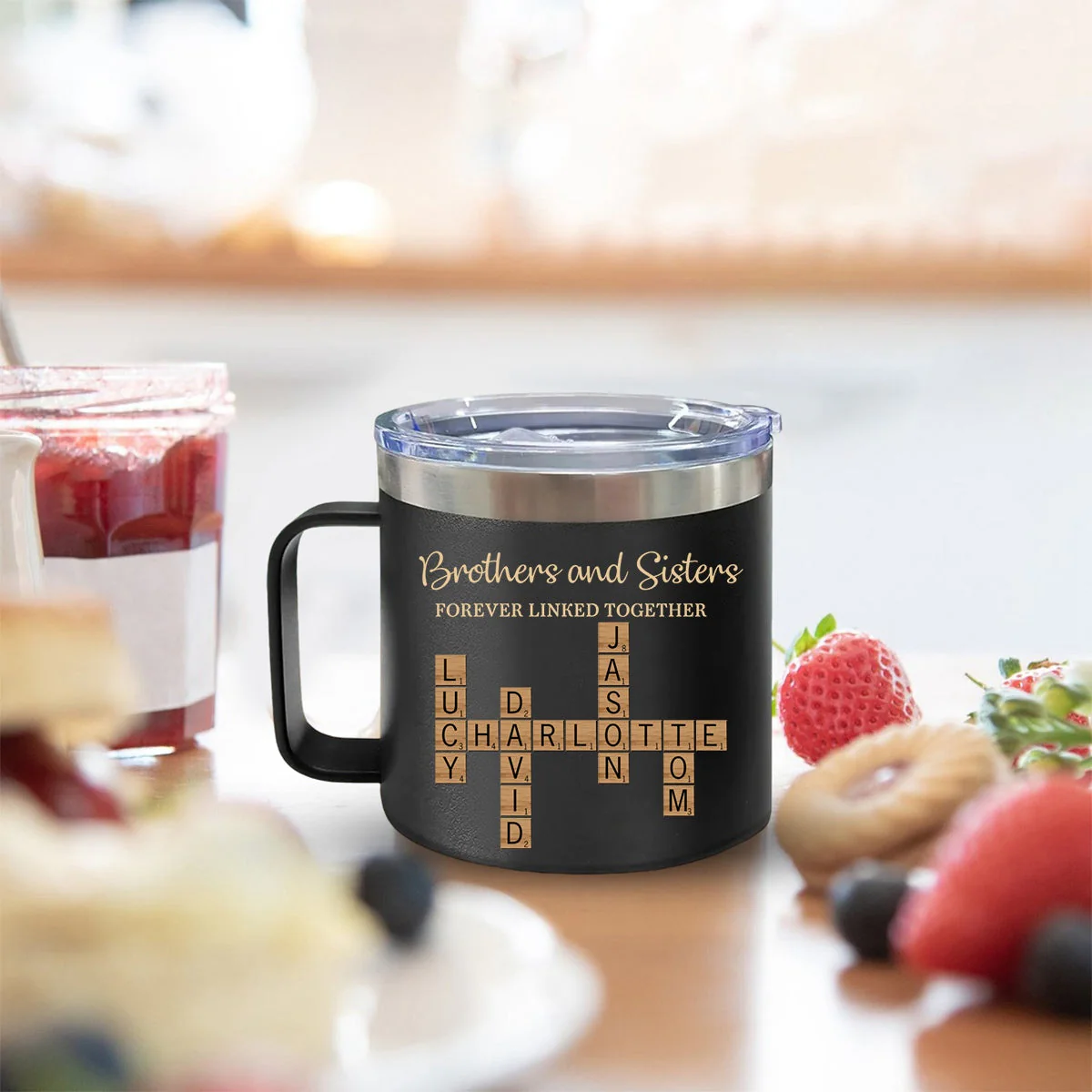 Brothers & Sisters Forever Linked Together Crossword Puzzle Art Personalized 14oz Stainless Steel Tumbler With Handle - Image 8